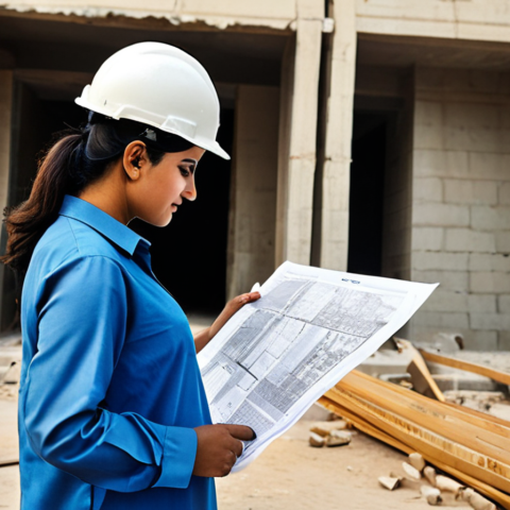**

"A female civil engineer, fully clothed in a modest shalwar kameez and a hard hat, reviewing blueprints on a construction site in Karachi, Pakistan. Appropriate attire, safe for work, perfect anatomy, natural pose, professional, daytime lighting, high resolution."

**