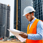 **

"Modern architect engineer, fully clothed in professional attire, reviewing blueprints on a construction site with a high-rise building in the background, wearing a hard hat, safe for work, appropriate content, perfect anatomy, well-formed hands, natural pose, professional."

**