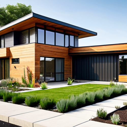 Eco-Friendly Home Design**

"A modern, modest home exterior showcasing sustainable design principles, fully clothed, appropriate content, safe for work. Features include solar panels, a green roof, and rainwater harvesting system. The house is built with locally sourced materials like brick and wood. Lush green landscaping surrounds the home, featuring drought-resistant plants. Perfect anatomy, correct proportions, natural pose, professional architectural photography, high quality, family-friendly."

**