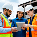 **

"A diverse team of construction professionals, including men and women, reviewing BIM (Building Information Modeling) plans on a tablet at a construction site. Everyone is wearing appropriate safety gear and is fully clothed. The background shows a partially completed building. Professional, safe for work, appropriate content, perfect anatomy, natural proportions, modest attire, well-formed hands, proper finger count, natural body proportions, family-friendly."

**