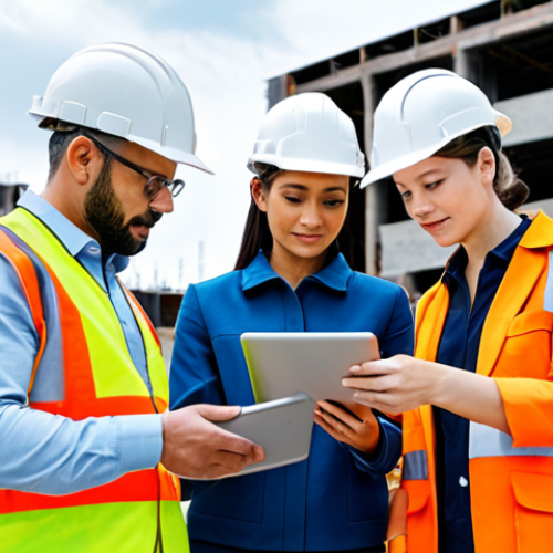 **

"A diverse team of construction professionals, including men and women, reviewing BIM (Building Information Modeling) plans on a tablet at a construction site. Everyone is wearing appropriate safety gear and is fully clothed. The background shows a partially completed building. Professional, safe for work, appropriate content, perfect anatomy, natural proportions, modest attire, well-formed hands, proper finger count, natural body proportions, family-friendly."

**