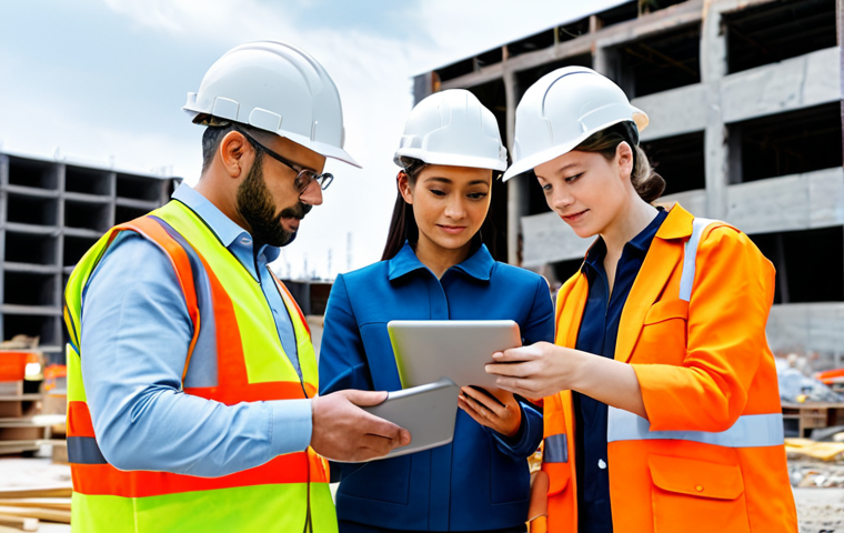 **

"A diverse team of construction professionals, including men and women, reviewing BIM (Building Information Modeling) plans on a tablet at a construction site. Everyone is wearing appropriate safety gear and is fully clothed. The background shows a partially completed building. Professional, safe for work, appropriate content, perfect anatomy, natural proportions, modest attire, well-formed hands, proper finger count, natural body proportions, family-friendly."

**