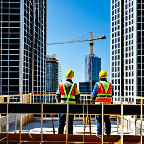 Modern Office Construction**

"A construction site viewed from inside a modern office building, showing construction workers wearing hard hats and safety vests, fully clothed, working on the framework of a new skyscraper, daytime, safe for work, appropriate content, perfect anatomy, correct proportions, professional, high-resolution, architectural photography, clear blue sky."

**