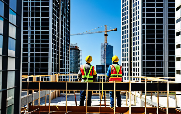 Modern Office Construction**
"A construction site viewed from inside a modern office building, showing construction workers wearing hard hats and safety vests, fully clothed, working on the framework of a new skyscraper, daytime, safe for work, appropriate content, perfect anatomy, correct proportions, professional, high-resolution, architectural photography, clear blue sky."
**