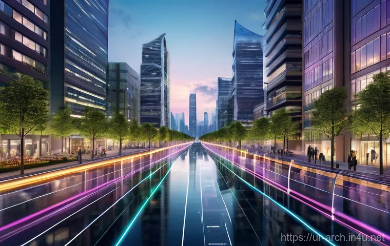 건축사와 디지털 트윈 기술 - **Smart City Digital Twin Overview:**
    A breathtaking, panoramic view of a futuristic, clean, and...