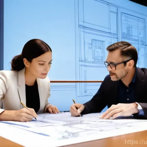 건축사와 건설기술자 협업 사례 - **Prompt:** A professional architect, female, in her late 30s, and a structural engineer, male, in h...