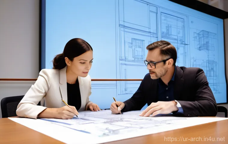 건축사와 건설기술자 협업 사례 - **Prompt:** A professional architect, female, in her late 30s, and a structural engineer, male, in h...