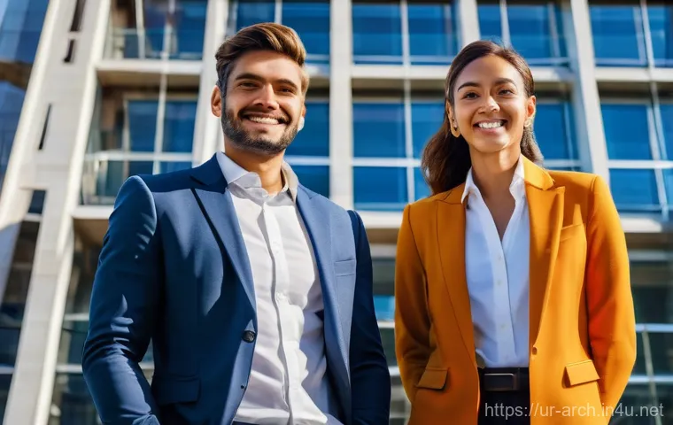 건축사와 건설기술자 협업 사례 - **Prompt:** A visionary architect, male, in his mid-30s, stands next to a sophisticated structural e...