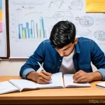 건축기사 시험 실수 줄이는 법 - **Prompt:** A young South Asian male engineering student, wearing modest, casual attire, sits at a w...