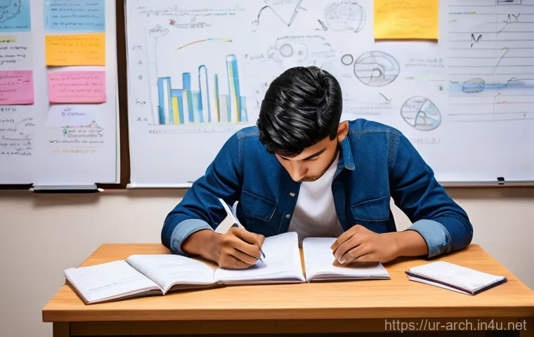 건축기사 시험 실수 줄이는 법 - **Prompt:** A young South Asian male engineering student, wearing modest, casual attire, sits at a w...