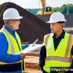 건축사 실무 경험 공유 - **Prompt:** A diverse team of construction workers, an architect, and engineers gathered around a de...